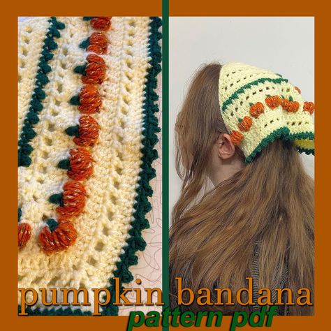 PATTERN ONLY Crochet Pumpkin Bandana Kerchief Hair Scarf Cute Fall Autumn Accessories Intermediate Digital Download PDF This pattern is labelled intermediate due to some color-changing and unique stitches, but also includes lots of pictures explaining how to do those stitches. This is a PDF download, NOT a finished project, that is 11 pages long with lots of pictures. It is written using US crochet terms. Materials need: 100 yards of your main color in a worsted weight yarn(I used an off-white i Crochet Autumn Accessories, Quick Crochet Bandana, Fall Crochet Bandana, Crochet Pumpkin Bandana, Cute Scarf Crochet, Crochet Fall Headband, Native Crochet Patterns, Crochet Halloween Bandana, Crochet Fall Accessories