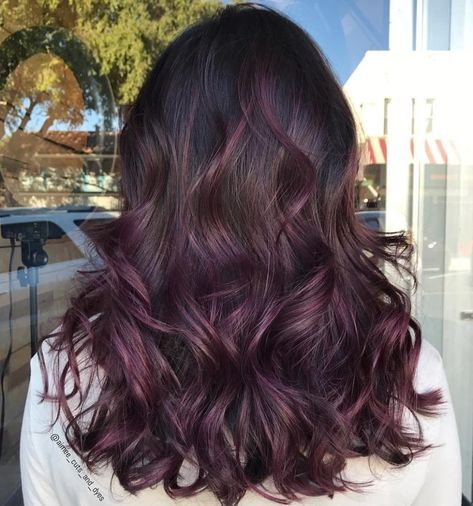 Black Hair With Subtle Purple Balayage Subtle Purple Balayage, Subtle Purple Hair, Purple Brown Hair, Shades Of Burgundy Hair, Burgundy Balayage, Balayage Hairstyle, Auburn Balayage, Purple Balayage, Dark Purple Hair