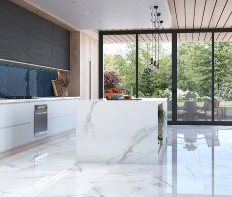 Marble Floor Kitchen, Model Dapur, Tiles Living Room, Marble Flooring Design, White Marble Floor, Marble Floors, White Marble Tiles, Living Room Tiles, Luxurious Room