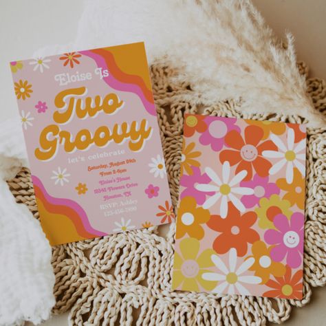 Two Groovy Birthday Invitation | Groovy Birthday - Birthday Invitation Groovy Invitations, Two Groovy Party, Groovy Birthday Invitation, Monkey Invitations, Two Groovy Birthday, Daisy Invitations, Birthday Party Invitations Diy, 98th Birthday, Retro Invitation