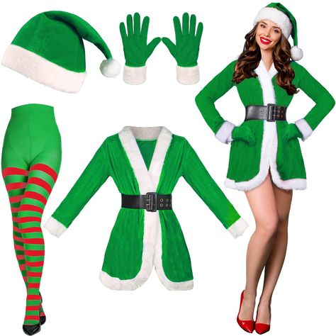 PRICES MAY VARY. Nice Combination: these Santa accessories includes 1 piece of Christmas dresses for women, 1 piece of pantyhose, 1 piece of hat and 1 pair of green gloves, which are enough to meet your dressing needs, and also enable you to share with your family and partners Dimension Details: the chest circumference of this Santa Claus costume is 35.4 inches/ 90 cm, the waist circumference is 30 inches/ 76 inches, and the length is 31.1 inches/ 79 cm; The hat, gloves and belt are suitable for Diy Elf Costume Women, Santa Outfits For Women, Womens Santa Costume, Elves Costume, Elf Costume Christmas, Christmas Dresses For Women, Cos Clothing, Christmas Elf Costume, Velvet Gloves