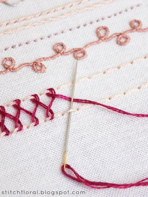 Line stitches and their variations: sampler - Stitch Floral Sulaman Pita, Basic Hand Embroidery Stitches, Pola Manik, Embroidery Lessons, Embroidery Sampler, Sew Ins, Hand Embroidery Videos, Basic Embroidery Stitches, Hand Embroidery Tutorial