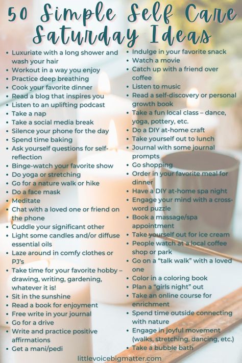 50 Simple Self Care Saturday Ideas 50 Self Care Ideas, Personal Self Care Ideas, Pagan Self Care, Ultimate Self Care Day, Saturday Self Care Routine, Self Love Saturday, Self Care Activity Ideas, Types Of Self Care Activities, How To Start Self Care