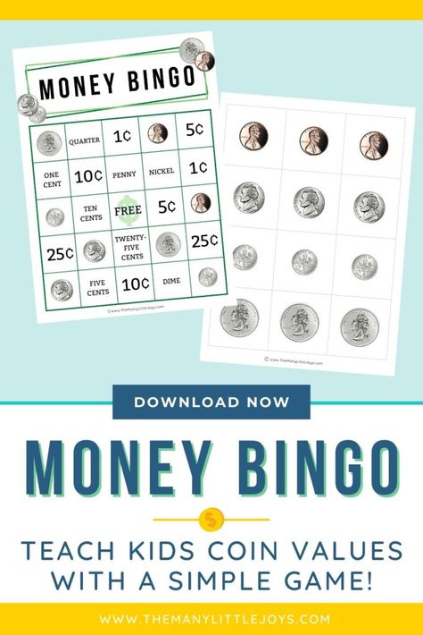 Money Bingo: A fun way to teach kids coin values - The Many Little Joys Teaching Coins, Money Games For Kids, Coin Identification, Money Bingo, Teaching Kids Money, Printable Money, Teaching Money, Money Activities, Money Math