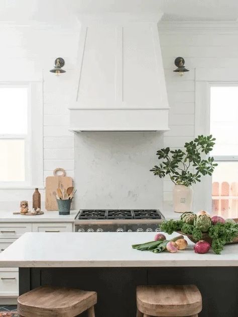 White Range Hood, Kitchen Vent Hood, Kitchen Vent, Shiplap Walls, White Range, Best Farmhouse, Kitchen Hood, Kitchen Hoods, Vent Hood