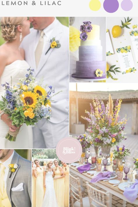 Purple and yellow wedding color palette for a spring or summer wedding! Yellow Wedding Color Palette, Purple And Yellow Wedding, Yellow Wedding Colors, Lilac Wedding Bouquet, Wedding Color Palette Summer, Wedding Color Scheme, Wedding Color Palettes, Lilac Wedding, Weddings By Color