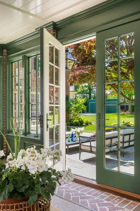 White Brick Sunroom, Light Green Sunroom, Cottage Style Patio, Green Sunroom, Millwork Ideas, Sunroom Greenhouse, Modern Homemaker, Patrick Ahearn Architect, Patrick Ahearn