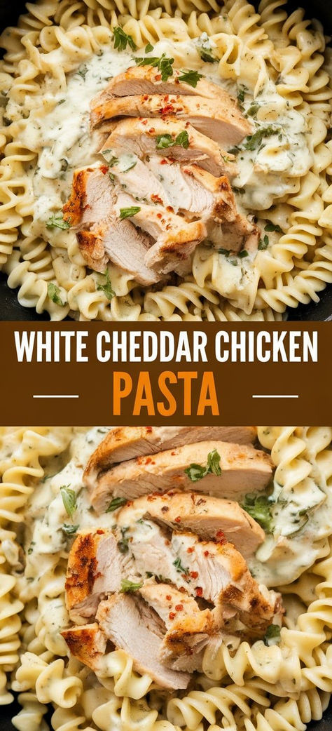 Dinner in a Snap!  Need a quick and tasty dinner option? This White Cheddar Chicken Pasta is ready in a flash! Creamy, cheesy, and packed with flavor, it's the ultimate comfort food that will have everyone asking for seconds. Perfect for meal prep, too! Pasta And Grilled Chicken Recipes, White Cheddar Chicken Pasta Recipe, White Meat Recipes Healthy, Easy Healthy Meals That Taste Good, Recipes With White Cheddar, Cheap Healthy Skillet Meals, Dinner Recipes Fast And Easy, Fall Dinner Recipes Pasta, Parmasean Chicken Pasta Recipes