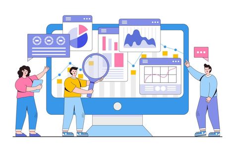 Flat business data analysis, research, planning and statistics concept. People working for monitoring web report dashboard and finance investment. Outline design style minimal vector illustration Business Report Design, Report Dashboard, Report Illustration, Finance Report, Finance Illustration, Business Illustrations, Dashboard Reports, Website Planning, Empty State