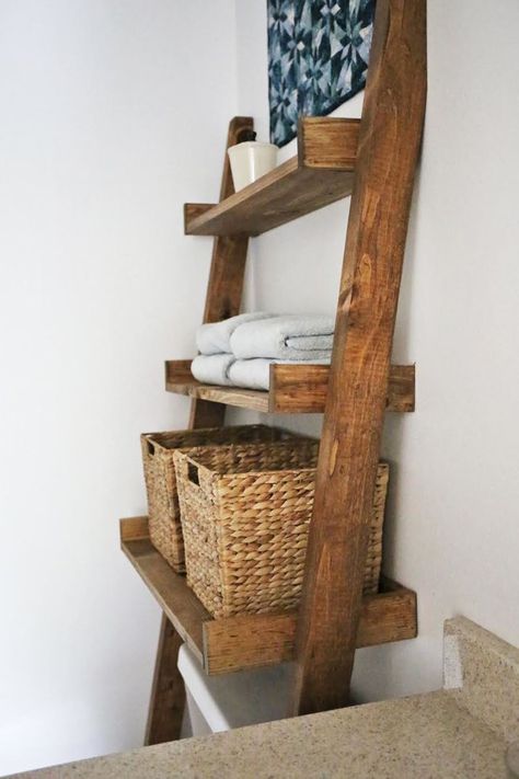 Over The Toilet Ladder Shelf, Toilet Ladder Shelf, Bathroom Ladder Shelf, Over The Toilet Ladder, Ladder Shelf Diy, Diy Bathroom Storage Ideas, Bathroom Ladder, Over Toilet Storage, Rustic Toilets