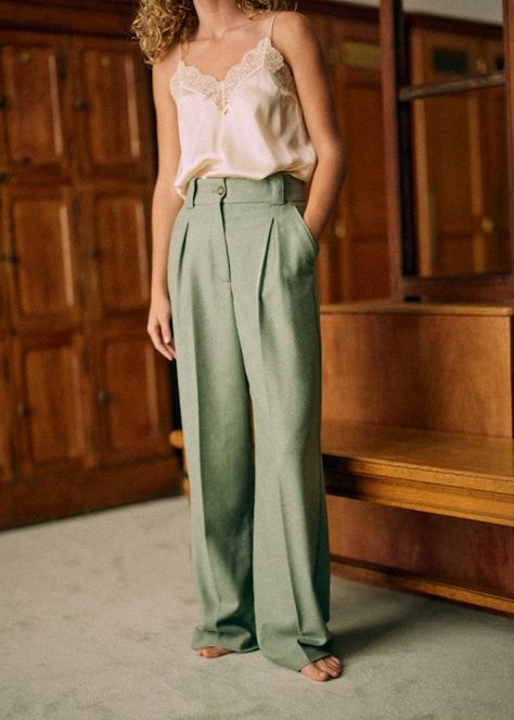 Théophile Trousers - Light Green - Recycled wool - Sézane Color Trends Fashion, Trousers Jeans, Denim T Shirt, Wool Trousers, Pretty Style, Green Wool, Straight Leg Trousers, Dress Trousers, High Waisted Trousers