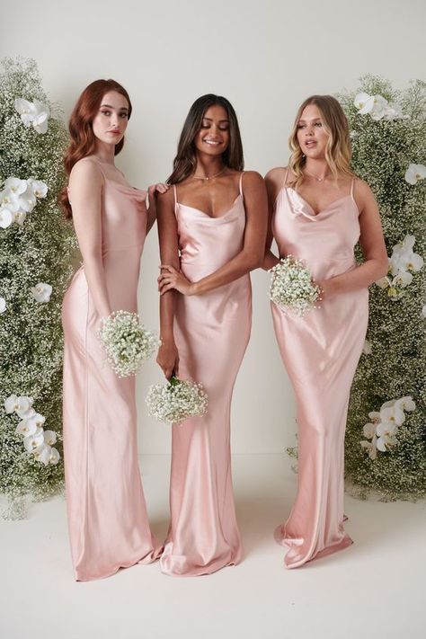 Bridesmaids Dresses Blush Pink, Blush Satin Bridesmaid Dresses, Bridesmaid Dresses Pink Blush, Pink Silk Bridesmaid Dresses, Groomsmen And Bridesmaids Colors, Bridesmaid Dresses Matching, Light Pink Satin Dress, Bridesmaid Dresses Blush Pink, Satin Bridesmaids Dresses