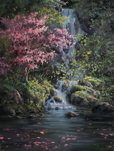 This week I painted a waterfall contrasted with a pink tree. I enjoyed painting the different layers and adding stunning detail with the Detail Round brush. I hope you enjoy it! Tree Waterfall, Large Waterfall, Detailed Landscape, Painting Abstract Landscape, Waterfall Paintings, Hyper Realistic Paintings, Flowering Tree, Waterfall Landscape, River Painting