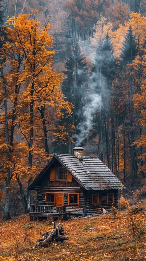 Cabin In The Forest, Little Cabin In The Woods, Cabin Aesthetic, Wooden Cabin, Stone Chimney, Nature Camping, Fire Inside, Autumn Magic, Wooden Cabins