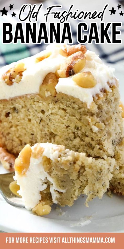 Banana Cake on a plate Old Fashion Banana Cake, How To Use Old Bananas, Homemade Banana Cake Recipe, Banana Bread Moist, Easy Cream Cheese Frosting, Old Bananas, Banana Nut Cake, Cowboy Cookie, Banana Desserts