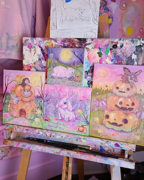 Kawaii Art Painting, Canvas Series Painting, Spooky Cute Painting, Kawaii Paintings On Canvas, Cute Paintings On Canvas Aesthetic, Spooky Paintings, Paintings Oil, Watercolor Sunset, Gouache Art