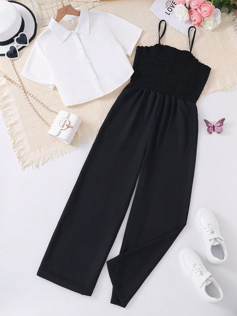 Teen Girls Solid Color Simple Short Sleeve Cami Jumpsuit Two-Piece Black Casual    Colorblock,Plain  Non-Stretch  Teen Girls Clothing, size features are:Bust: ,Length: ,Sleeve Length: Cute Outfits For Kids 10-12 Girls Style, Clothes For 11 Year Girl, Clothes For Girls 10-12, Cute Outfits For Kids 10-12, Modesty Dress, Belle Outfit, Cute Outfits With Shorts, Asian Style Dress