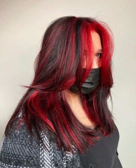 Black Hair With Red Highlights Layers, Bright Red Hair Highlights, Black Hair With Red Highlights Bangs, Red Vivid Hair, Red Highlights In Brown Hair Layers, Bright Red Hair With Black Highlights, Black With Red Streaks, Red And Black Layered Hair, Brown And Bright Red Hair