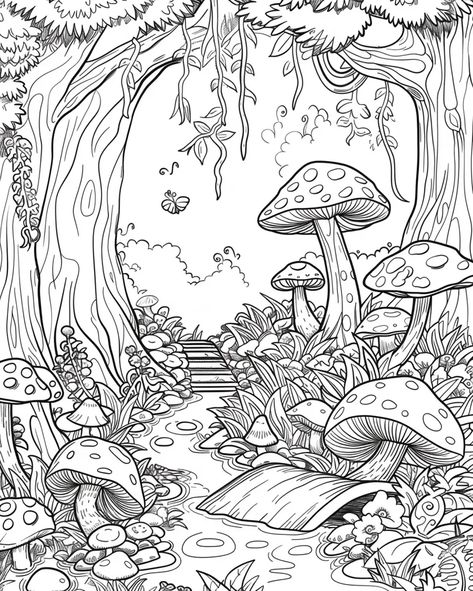 The picture looks like an illustration from a fairy tale book. It shows a dense forest with many different kinds of mushrooms. There is a small bridge over a river, and a butterfly is flying through the air. The trees are tall and have many branches, and the leaves are very detailed. There are also some small flowers growing in the grass. The picture is very peaceful and relaxing, and it makes you feel like you are in a magical place. Fairy Forest Coloring Pages, Fairy Land Magical Forest Drawing, Fairy Garden Drawing Simple, Fairy Forest Drawing, Mythical Creatures Coloring Pages, Different Kinds Of Mushrooms, Magical Forest Art, Kinds Of Mushrooms, Fairy Garden Drawing