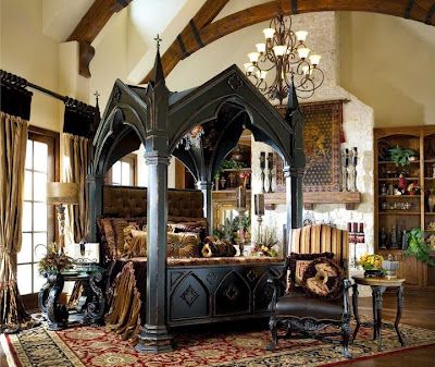 Art and Interior: SPECIAL SERIES: The Revival of Medieval-Renaissance Bedrooms in the Goth Scene (part 3) Gothic Victorian Bedroom, Gothic Canopy Bed, Gothic Style Bedroom, Medieval Bedroom, Gothic Interior Design, Gothic Bed, Castle Bed, Gothic Interior, Gothic Bedroom