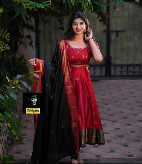 Pattu Long Frocks For Women, Pattu Gown, Saree Dress Design Ideas, Anarkali Outfit, Unique Skirts Design, Anarkali Design, Long Frocks For Women, Dresses Anarkali, Bottle Doll