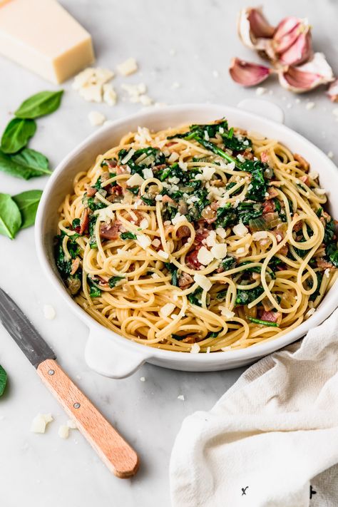 Quick Pasta with Bacon and Spinach | Cravings Journal Pasta With Bacon And Spinach, Pasta A La Carbonara, Pasta With Bacon, Nightshade Free Recipes, Pasta Carbonara Recipe, Quick Pasta, Bacon Pasta, Carbonara Pasta, Baked Casserole