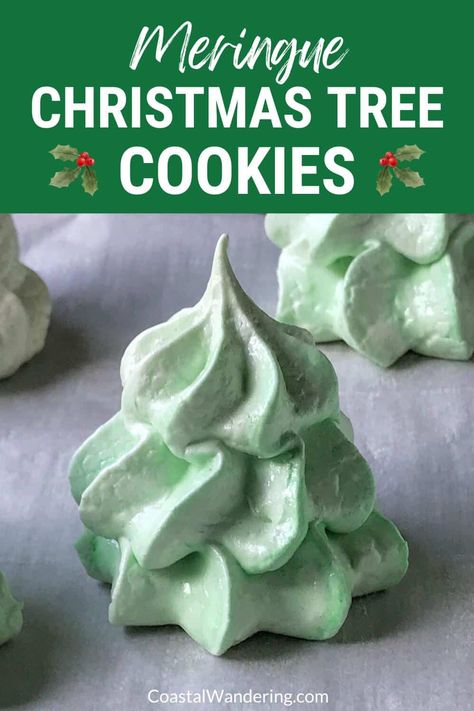 Looking for a fun and easy way to celebrate the holiday spirit? These delicious Christmas cookies are perfect for your cookie exchange - and they are real crowd pleasers! This Christmas tree meringues recipe is super simple - and you can decorate these festive cookies as much or as little as you like. Add icing or frosting "snow" for a festive winter look. Decorate the trees with candy ornaments. Meringue Cookies Easy, Christmas Tree Meringue, Tree Meringue, Meringues Recipe, Cookies Easy Recipe, Easy Christmas Tree, Basic Cookies, Delicious Christmas Cookies, Holiday Sprinkles