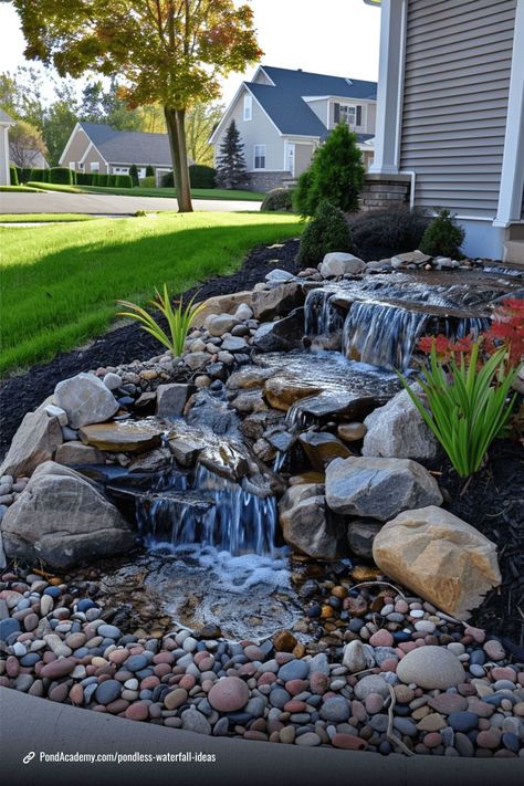 Transform your yard with a pondless waterfall feature! These stunning waterfall ideas offer a low-maintenance and eco-friendly way to enjoy the sounds of flowing water without the upkeep of a traditional pond. Front Yard Landscaping Ideas With Water Feature, Outdoor Pondless Water Feature, Small Outdoor Pond With Waterfall, Water In Garden Ideas, Rock Pond Waterfall, Waterfall Outside House, Front Yard Ponds Ideas, Water Feature Backyard Landscaping, Water Features For Small Gardens