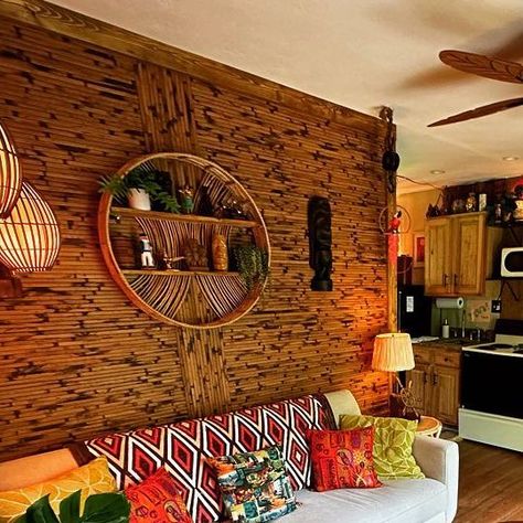 Tiki Barn on Douglas Lake on Instagram: "The Tiki Barn is waiting for your tropical escape! #Tikibar #Tropical #Airbnb #tiki" Tiki Style Decor, Tiki Living Room, Tropical Airbnb, Tiki Aesthetic, Tiki Bathroom, Tiki Kitchen, Tiki House, Tiki Restaurant, Douglas Lake