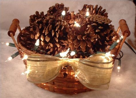 How to Make Lighted Pine Cone Baskets thumbnail Branch Centerpieces Wedding, Christmas Pine Cones, Holiday Baskets, Pine Cone Decorations, Cones Crafts, Christmas Baskets, Pine Cone Crafts, Christmas Centerpieces, How To Make Light