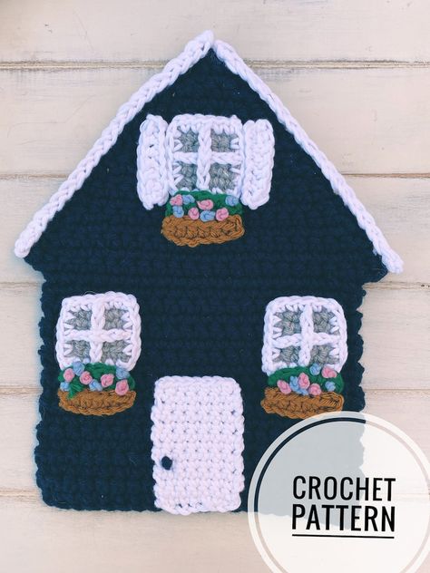 House Applique, Crochet House, Crochet Potholder Patterns, Crochet Applique Patterns Free, House Cottage, Potholder Patterns, Crochet Potholders, Crochet Simple, Holiday Crochet