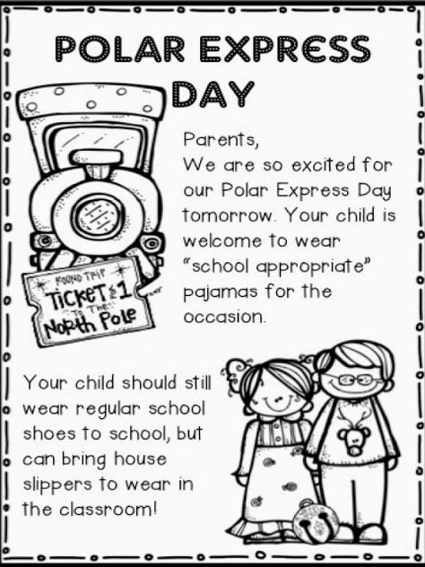 Polar Express activities:  FREE note home to parents about Polar Express PJ day. Cute idea. Polar Express Day, Polar Express Activities, Prek Christmas, Polar Express Theme, December Kindergarten, Polar Express Party, Kindergarten Christmas, Preschool Winter, Teaching Holidays