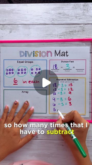 𝐕𝐞𝐥𝐜𝐤𝐢𝐬 | Elementary Math on Instagram: "Which division strategy do your students love the most?

Comment “Mats” for the link to over 100 math mats for 2-3rd grade math skills ◡̈" Division Grade 3, Repeated Subtraction, Division Strategies, Math Mats, Division Facts, Math Tricks, 3rd Grade Math, March 7, Elementary Math