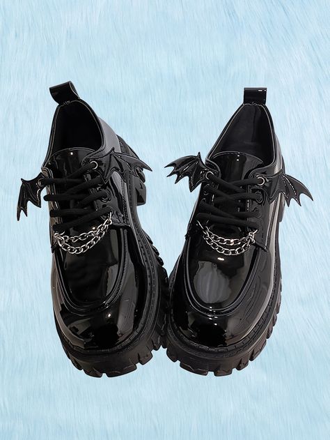 Women Bat Wing & Chain Decor Lace-Up Front Flatform Punk Black Oxford Shoes Fall Black Punk    Animal,Halloween,Plain Oxfords   Women Shoes, size features are:Bust: ,Length: ,Sleeve Length: Black Oxford Shoes Women, Thick Heels Pumps, Black Oxford Shoes, Goth Shoes, Zapatos Mary Jane, Punk Shoes, Gothic Shoes, Black Punks, Platform Wedges Shoes