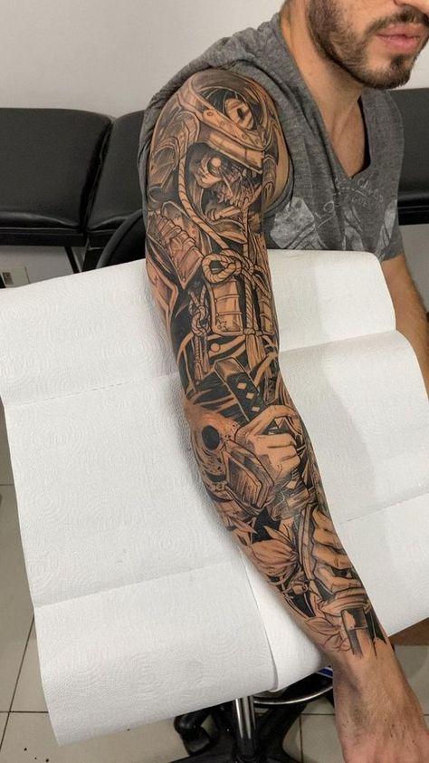 Men’s arm tattoos 15 ideas: Creative designs for your arm Mens Full Arm Sleeve Tattoo, Tattoo Full Sleeve Men Ideas, Japanese Style Forearm Tattoo, Full Back Tattoo For Men Design, Full Arm Tattoos For Guys, Full Hand Tattoo Men, Manga Tattoo Hombre Ideas, Full Arm Tattoo Men, Samurai Sleeve Tattoo