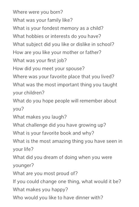 Questions to ask a grandma (adopt a grandma (or grandpa) in the ward. Have the youth really get to know them not just a one night activity but long term friends! Best Friend Interview Questions, Biography Interview Questions, Grandma Journal Ideas, Long Term Memory Activities, Questions For Grandma, Senior Spotlight Questions, What To Do With Your Grandma, Questions To Ask Seniors, Hypothetical Questions For Parents