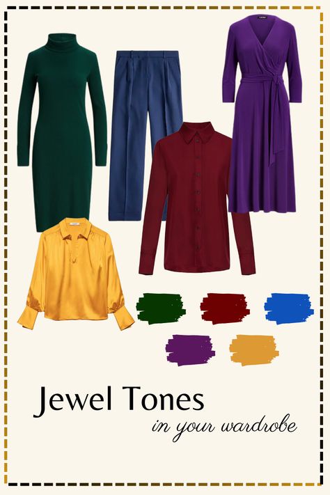 Bold Jewel Tone Basics to Elevate Any Wardrobe Jewel Toned Wardrobe, Jewel Toned Dresses, Jewel Tone Outfits Fall, Winter Jewel Tones, Jewel Tone Wardrobe, Jewel Tones Outfit, Jewel Tone Aesthetic, Jewel Tone Fashion, Jewel Tone Outfits