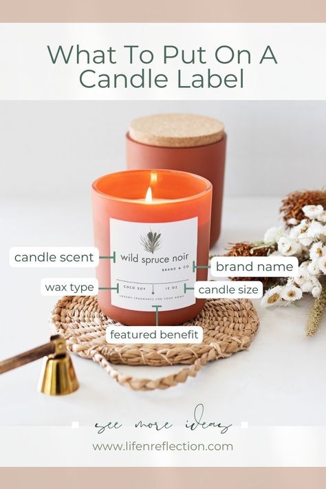 What should you put on a candle label? Candle scent is a great idea to include, but there's a lot more you can add to the label. Use this checklist! Candle Samples Ideas, Scented Candles Packaging Ideas, Candle Labels Ideas, Candle Scent Combinations, Candle Booth, Scented Candles Packaging, Candle Making Shop, Homemade Candle Labels, Essential Oil Candle Blends