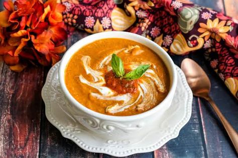 Savory Roasted Butternut Squash & Red Pepper Soup Recipe Recipe Butternut Squash, Best Chicken Tortilla Soup, Squash Roasted, Bean And Bacon Soup, Roasted Red Pepper Soup, Red Pepper Soup, Butternut Squash Recipes Soup, Squash Soup Recipe, Roasted Butternut Squash Soup