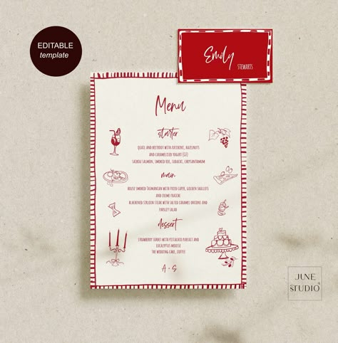 Wedding Menu + Place Card Set Template Artsy Hand drawn Italian Themed That's Amore Menu + Name Card Set Food Sketch Illustrated Meal Choice Old School Italian Wedding, Menu Card Design Wedding, Menu And Place Card, Trendy Illustration, Food Sketch, Hand Drawn Wedding, Hens Party, Seating Cards, Bar Menu