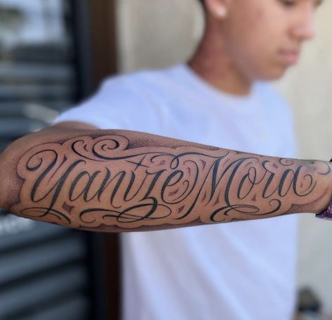 Last Name Arm Tattoo, Name Tattoo Placement Men, Last Name Forearm Tattoo Men, Name Tattoos Men, Name Tattoo Arm, Name Tattoo For Men, Last Name Tattoos For Men, Mind Over Matter Tattoo, Name Tattoo Placements