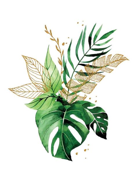 watercolor drawing. bouquet, composition of tropical leaves. gold and green leaves of palm, monstera. rainforest leaves African Leaves, Drawing Bouquet, Rainforest Leaves, City Palace Jaipur, Vector Snowflake, Tropical Bouquet, Roi Lion, Wedding Elements, 2025 Vision