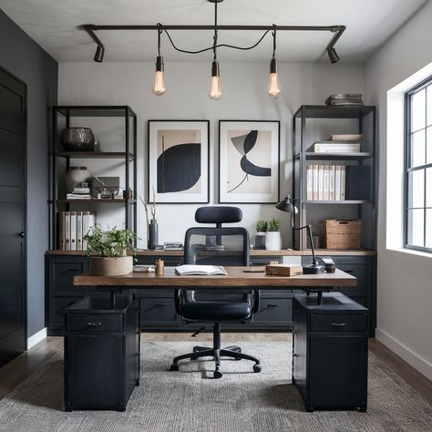 Modern Men’s Apartment 🖤🖤💖 Office Masculine Modern, Small Workroom Ideas, Small Office For Men, Husband Office Decor Ideas, Mancave Office Ideas Small Room, Black Office Aesthetic, Men’s Home Office Ideas, Office Room Ideas Home For Men, Modern Home Office Design For Men