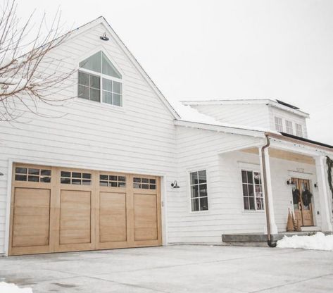 cb28 White House With Cedar Garage Doors, Oversized Garage Doors, White House With Wood Garage Doors, White House Garage Doors, White House Wood Garage Door, Garage Doors White House, Garage Doors On White House, Wood Garage Doors White House, Wood Look Garage Doors