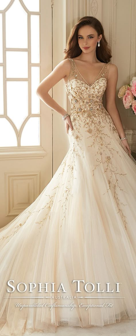 Debs Dresses, Wedding Dress Tulle Lace, Trumpet Wedding Gown, Sophia Tolli Wedding Dresses, Gold Wedding Gowns, Jeweled Wedding Dress, Sophia Tolli, Bridal Designers, Gold Wedding Dress