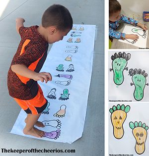 Halloween Footprint Hopscotch Materials: Roll of butcher paper  Printed footprints (I just found a template online) HERE is one similar to the one I used Crayons Scissors Spray Adhesive (or glue sticks) Tape Directions: Print off several footprints Have the kids...Read more Hopscotch Ideas, Physical Development Activities, Halloween Lesson Plans, Halloween Lesson, Physical Education Lessons, Halloween Mystery, Gross Motor Activities, Fall Preschool, Daycare Activities