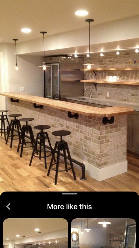 Brick And Wood Bar Ideas, Industrial Bar Ideas For Home, Building A Home Bar Basement, Brick Bar Ideas, Basement Island Bar Ideas, Industrial Farmhouse Basement, Farmhouse Basement Bar Ideas, Simple Basement Bar Ideas, Bar Ideas For Home Basement