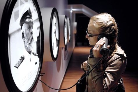 Museum Listening Station, Interactive Museum Exhibits, Backlit Photos, Audio Exhibition, Cherbourg France, Titanic Exhibition, Listening Device, Technology Museum, معرض فني