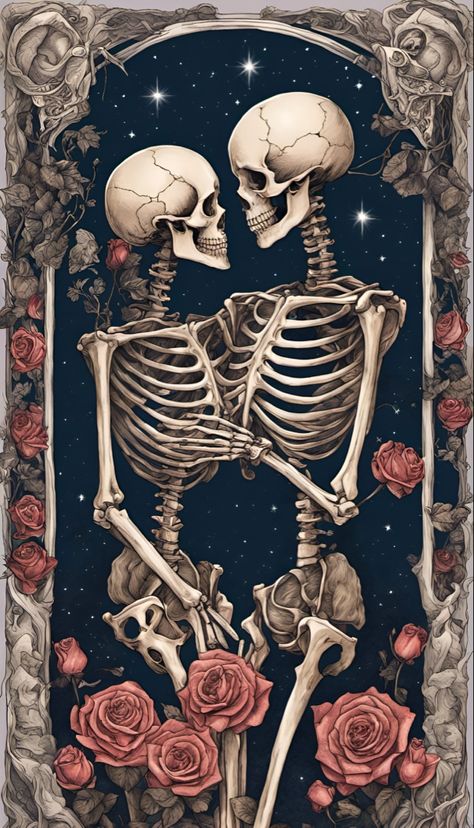 Two skull skeletons in love, in a tarot card art style Skeleton Love, The Lovers Tarot Card, Goth Tattoo, Collage Pictures, The Lovers Tarot, Skull Pictures, Skeleton Art, Skull Artwork, Cat Air