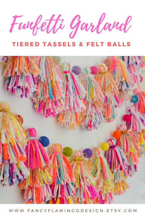 Colorful Pom Pom Garland, Pompom Party Decoration, Diy Room Garland, Christmas Decor Ideas For The Office, Yarn Diy Decor, Diy Kids Birthday Decorations, Pom Pom Garland Decor, Colorful Theme Party, Diy Yarn Tassel